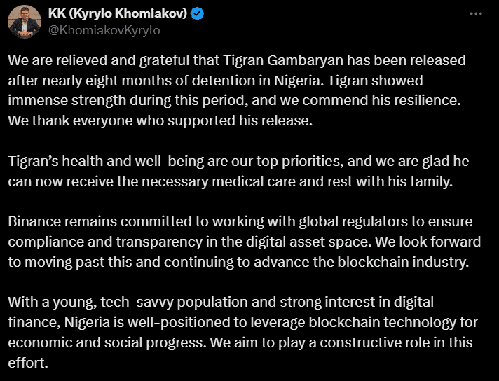 Binance Head Thanks Nigeria For Releasing Tigran Gambaryan 2 Binance Head Thanking Nigerian Government