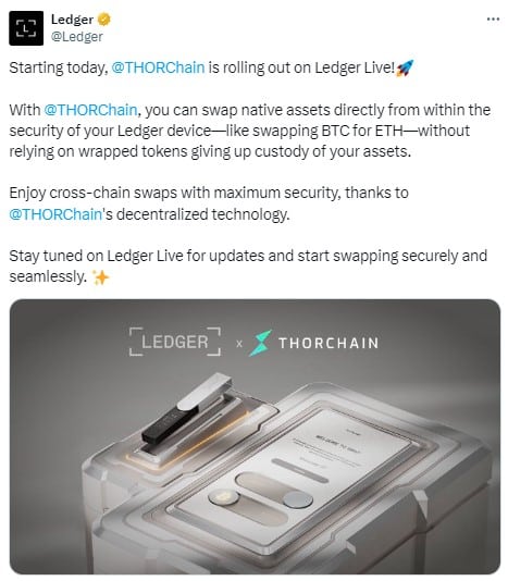 Ledger Live Partners With Thorchain For Cross-Chain Swaps