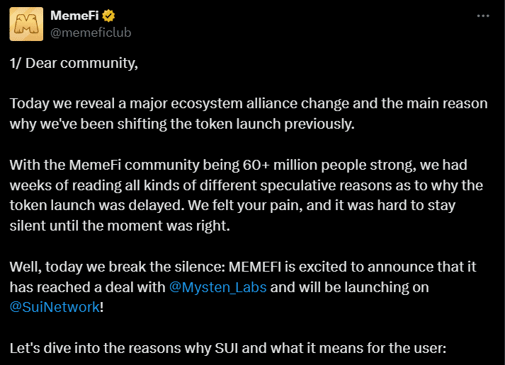 Memefi Announced Its Partnership With Mysten Labs On X