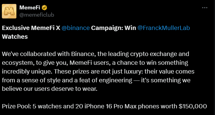 Memefi Campaign Promises Luxurious Watches And Iphone 2 Memefi X Binances Epic Prizes