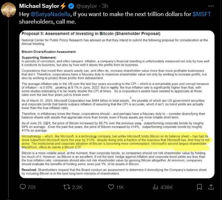 Michael Saylor Pitches Bitcoin Offer To Microsoft Ceo