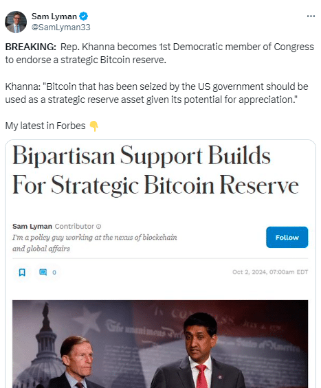 Ro Khanna Calls For U.s. To Hold Seized Bitcoin As Reserve
