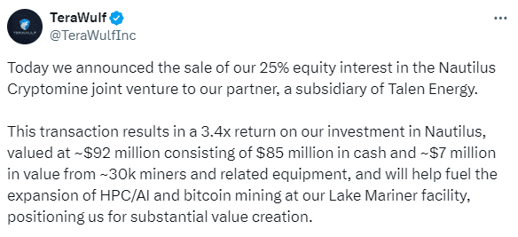 Terawulf Sells 25% Stake In Nautilus Facility For $92M