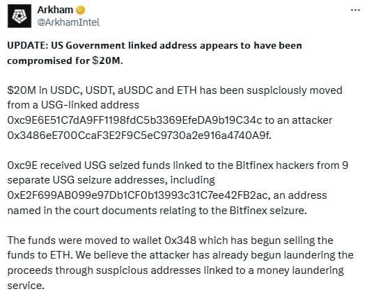 X Post of Arkham - Hacker Drains $20 Million from U.S. Government Wallet