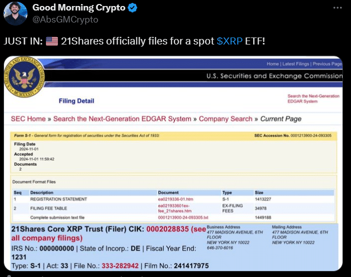 21Shares Files With Sec To Launch Xrp Etf For U.s. Investors