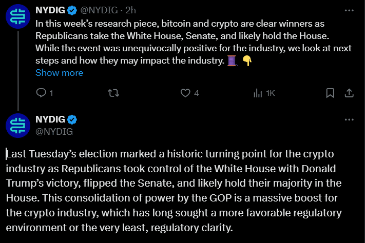 Bitcoin Wins Big As Republicans Take White House: Nydig