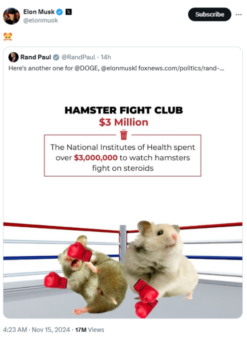 Elon Musk X Post about Hamster Fight Club 