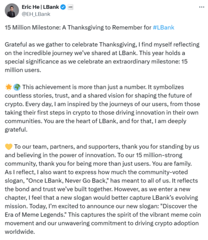 Lbank Celebrates 15M Users Amid Thanksgiving Festivities 2 Eric He Celebrates Lbank'S 15M Users