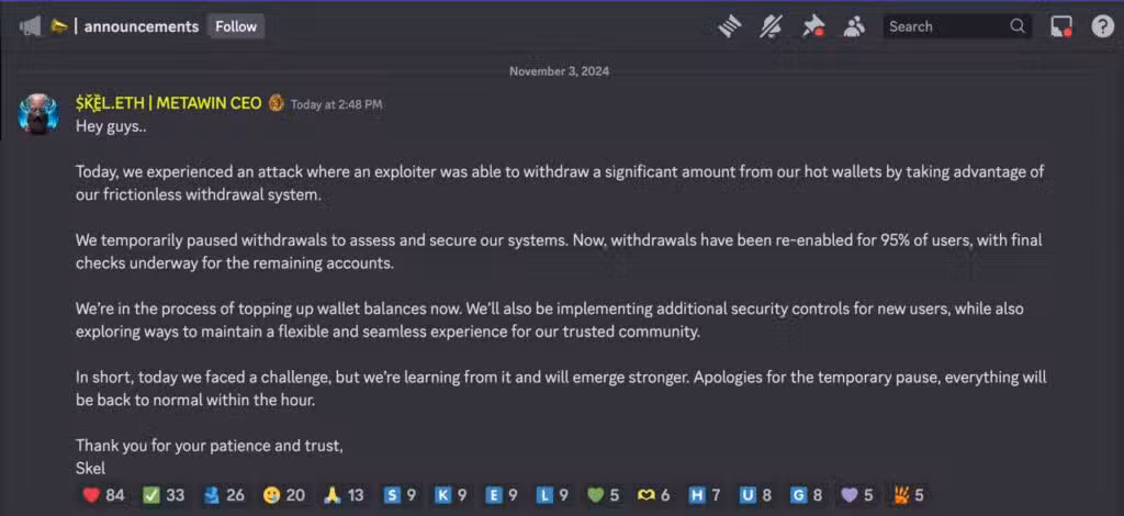 Investigations by ZachXBT Post on Telegram on meta win hack