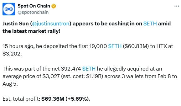 Justin Sun Sells 19,000 ETH After Ethereum Price Surge