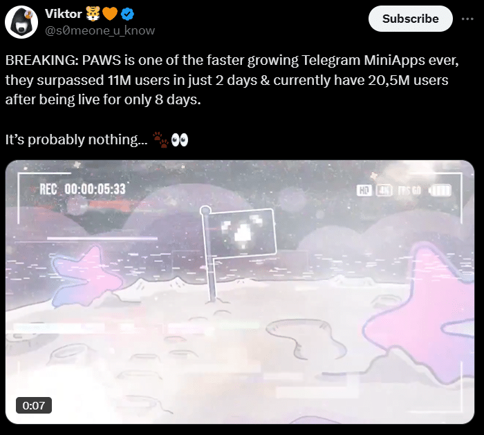 Paws Telegram Game Sees 20 Million Users Upon Launch
