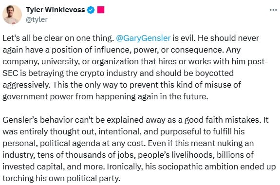 Tyler Winklevoss Slams Sec Chairman Gary Gensler As 'Evil'