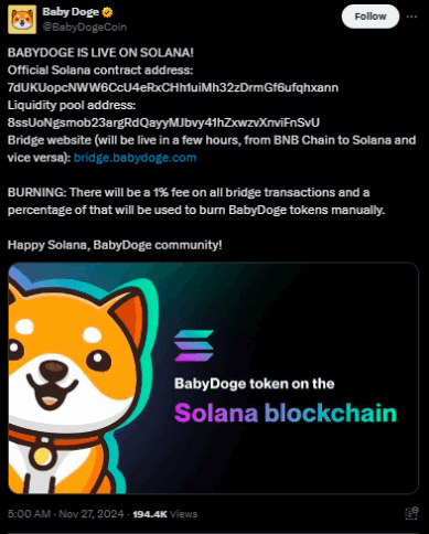 Babydoge Expands To Solana With Bnb-Bridge Launch 2 Babydoge Twitter