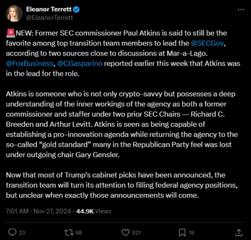 Paul Atkins To Replace Gary Gensler As Next Sec Chair? 2 Eleanor Terrett: Paul Atkins New Sec Chair
