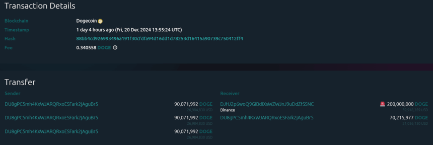 200M Dogecoin Transferred To Binance