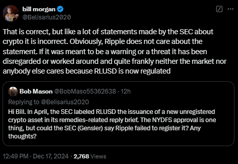 Bill Morgan’s Comment On Sec’s View On Rlusd