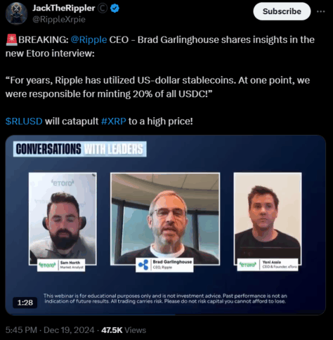“At One Point, We Made 20% Of All Usdc!” — Ripple Ceo 2 Brad Garlinghouse’s Interview With Etoro
