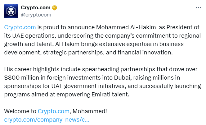 Crypto.com's new UAE President