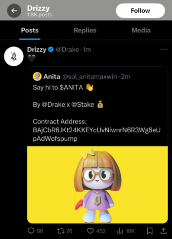 Drake'S X Account Hacked, Promotes Solana Memecoin ‘Anita’ 2 Drake;S X Account Promote Anita