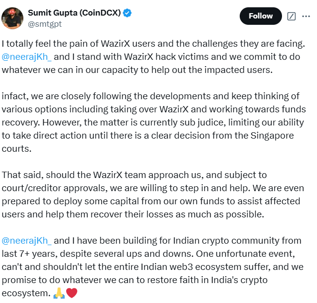 Coindcx Ready To Help Wazirx Users By Taking Over The Exchange 3 Gupta Ready To Help Wazirx Users