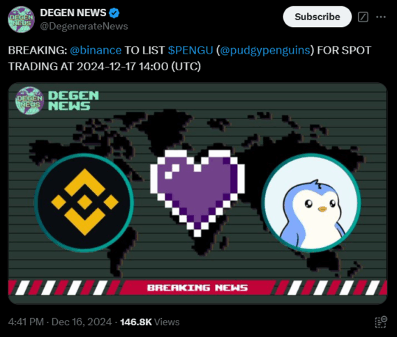 Binance Announces Spot Trading For Pudgy Penguins ($Pengu) 2 $Pengu Trading Starts December 17 On Binance