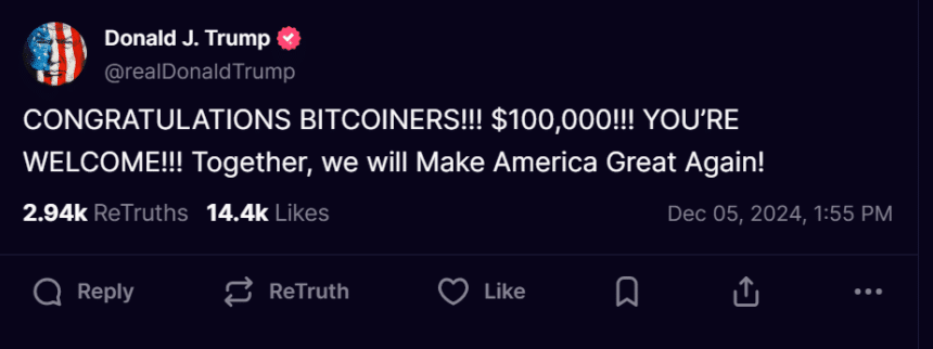 President Trump Congratulates Bitcoin’s $100k Hit 