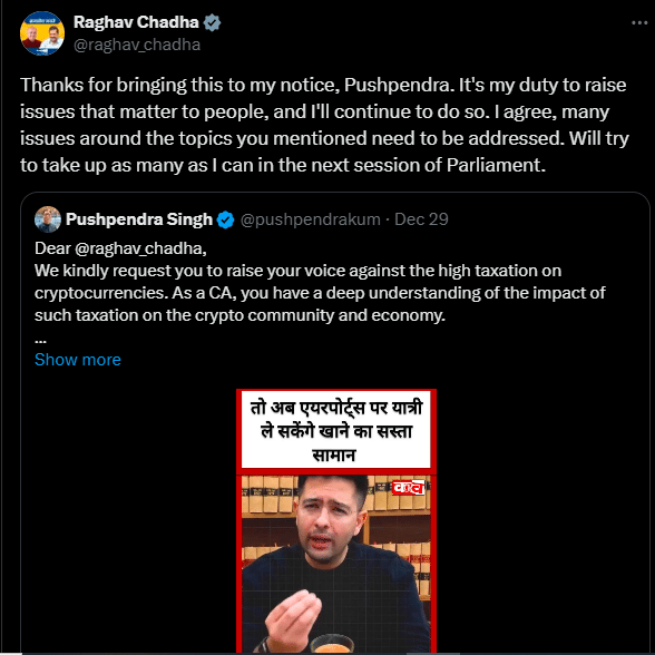 Raghav Chadha To Address High Crypto Tax in Parliament
