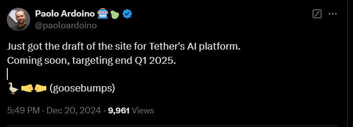 Tether To Launch Ai Platform In Q1 Going Into 2025 2 Tether Ceo Teases Ai Platform Launch