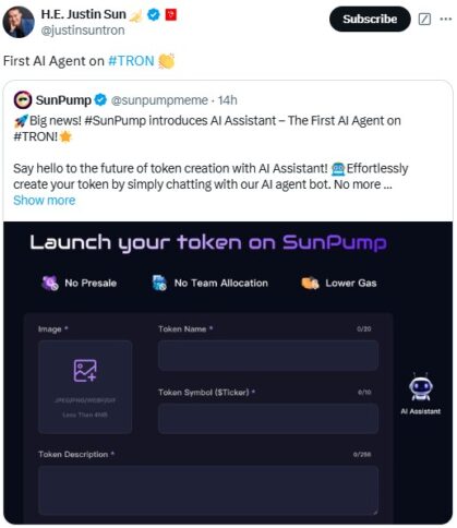 Tron Introduces Ai Agent On Sun Pump For Token Creation 2 Tron Network Launches First Ai Agent On Sun Pump