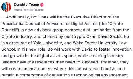 Trump Appoints Bo Hines As Executive Director Of Crypto Council