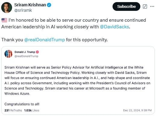 Trump Select Sriram Krishnan For Senior Ai Advisor Role