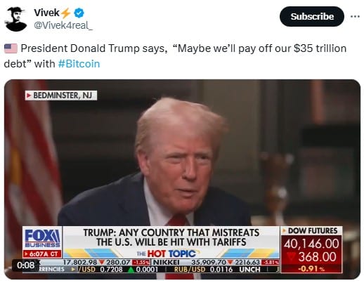 Trump Suggest Bitcoin Could Help Pay off $35 Trillion Debt