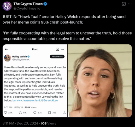 Hawk Tuah Girl Finally Responds To The $Hawk Lawsuit 2 Welch Comment On The Lawsuit