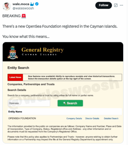 Opensea'S Cayman Islands Registration Sparks Airdrop Rumour 2 Opensea Nft Tweet