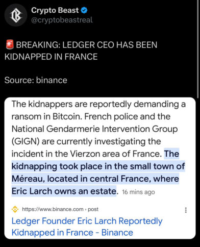 Ledger Co-Founder Eric Larch Fake Kidnapping Rumor Surfaces 2 Binance Shared Eric Kidnaping Rumors