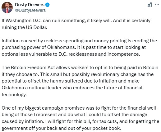 Oklahoma Senator Proposes Bitcoin Freedom Act For Payments 2 Bitcoin Freedom Act Introduced In Oklahoma For Btc Payments