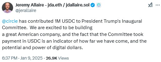 Circle CEO Jeremy Allaire Donates $1M to Trump's Inaugural Fund