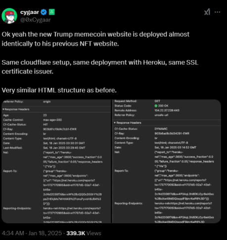 President'S New Memecoin $Trump: An Opportunity Or A Risky Bet? 2 Cygaar Compares Similarities Between The $Trump Website And Trump'S Nft Sites