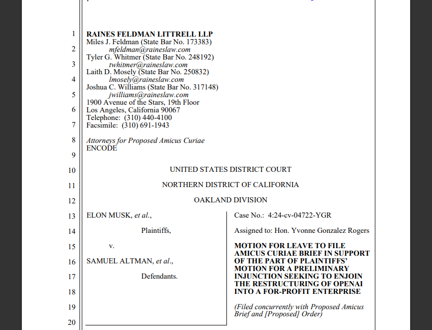 Encode Files Brief To Block Openai’s Shift To For-Profit