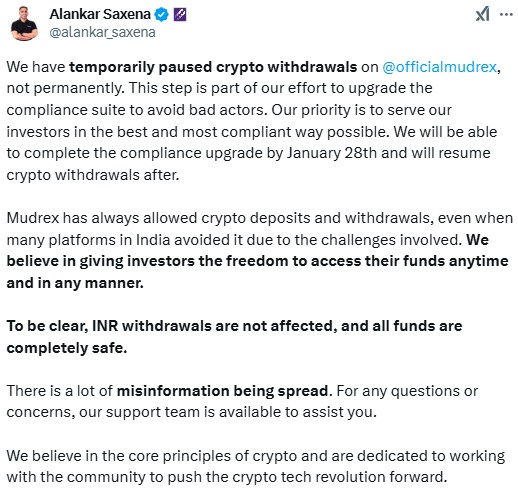 India'S Mudrex Crypto Exchange Suspends Withdrawals Until Jan. 28