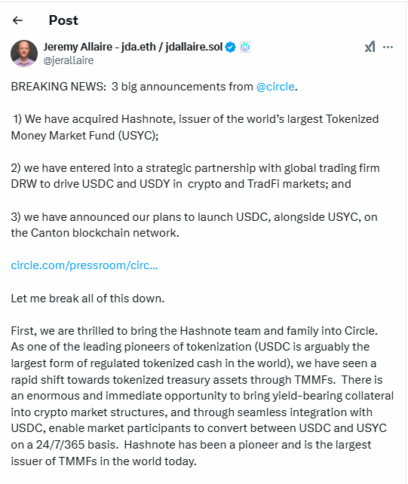 Circle Buys Hashnote With Big Plans For Usdc And Usyc 2 Tweet By Circle Ceo Jeremy Allaire On Twitter