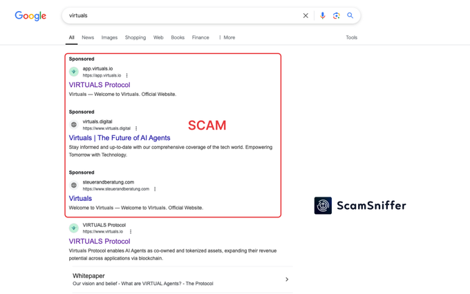 Scam Sniffer Spots Fake Virtuals Protocol Links On Google