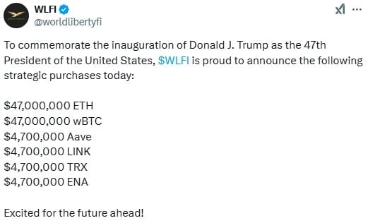 Wlf Buys Over $100M In Crypto On Trump’s First Day In Office