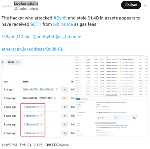 Bybit Hack: Attacker Used Binance To Fund Gas Fees 2 Bybit Attacker Used Binance To Fund Gas Fees