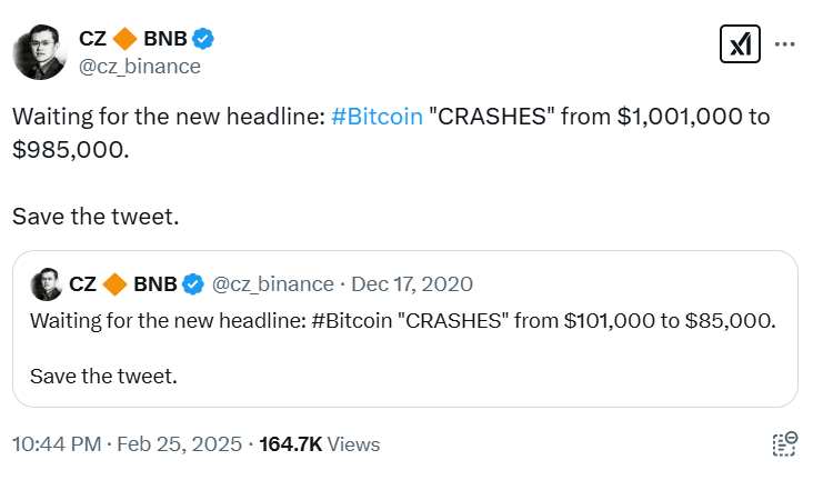 Binance’s Cz Predicts Bitcoin Crash From $1M To $985K 2 Cz Predication On Bitcoin
