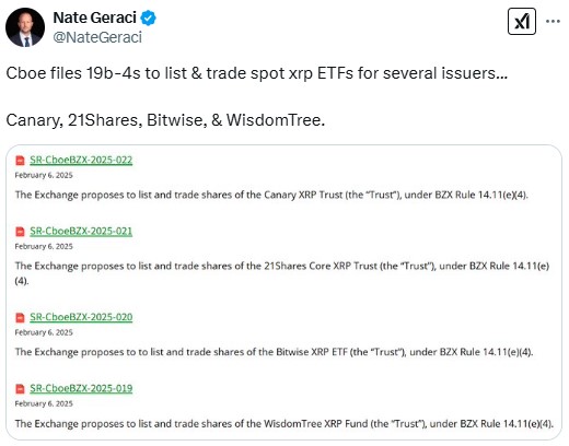 Cboe'S 19B-4 Filings To Sec For Spot Xrp Etfs In U.s.