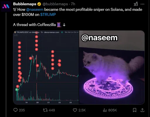 Crypto Trader Naseem Sniped $100 Million Profits On Trump Coin 2 Bubblemaps Report Naseem Sniper Profit