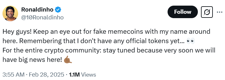 Ronaldinho Alerts Fans To Fake Coins, Teases Big News 2 Ronaldinho Alerts Fans
