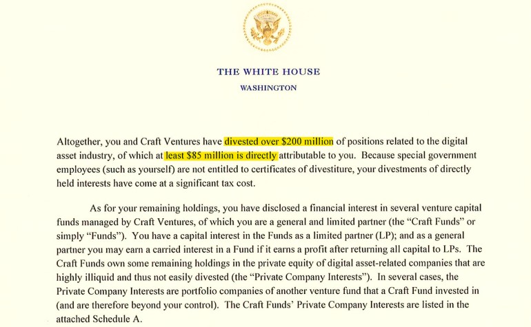 David Sacks Sold $200 Million In Crypto Before White House Role 2 David Sacks Sells $200M In Crypto Before Taking Trump Admin Role
