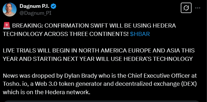 Hedera Teams Up With Swift